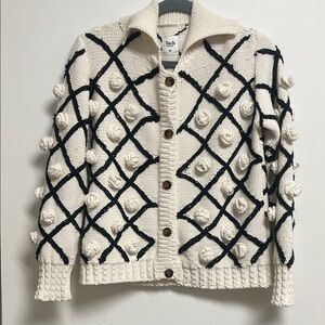 TACH Cream and Black Hand Knit Cotton Cardigan Lattice Design 3D Rosettes Medium